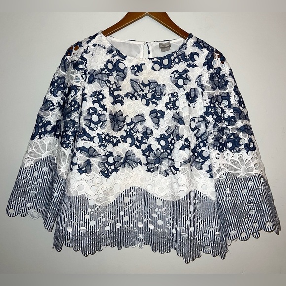 Chico’s Striped Floral Printed Lace Top Blouse Sz Small Petite - Picture 2 of 7